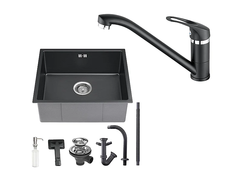 Évier Noir 1 Bac 50x43x18,5CM,Inox,avec Distrubuteur Savon+Robinet Cuisine,Orientable 360°,Eau Chaude/Froide,Noir