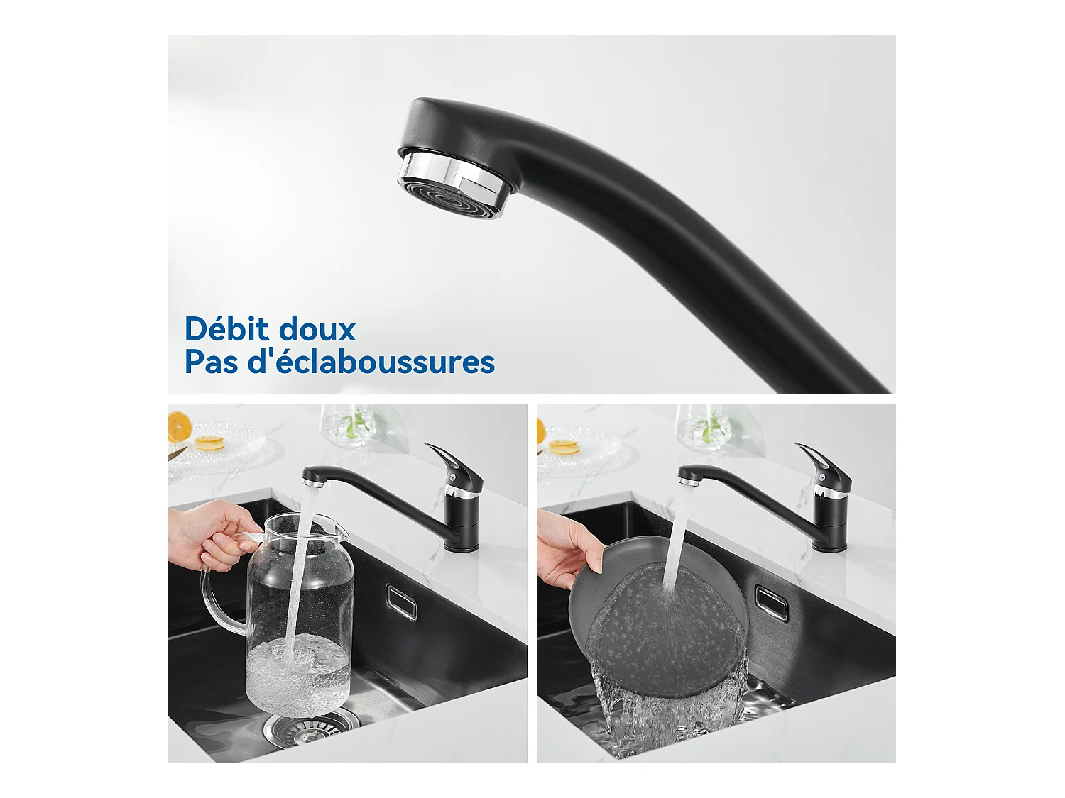 Évier Noir 1 Bac 50x43x18,5CM,Inox,avec Distrubuteur Savon+Robinet Cuisine,Orientable 360°,Eau Chaude/Froide,Noir