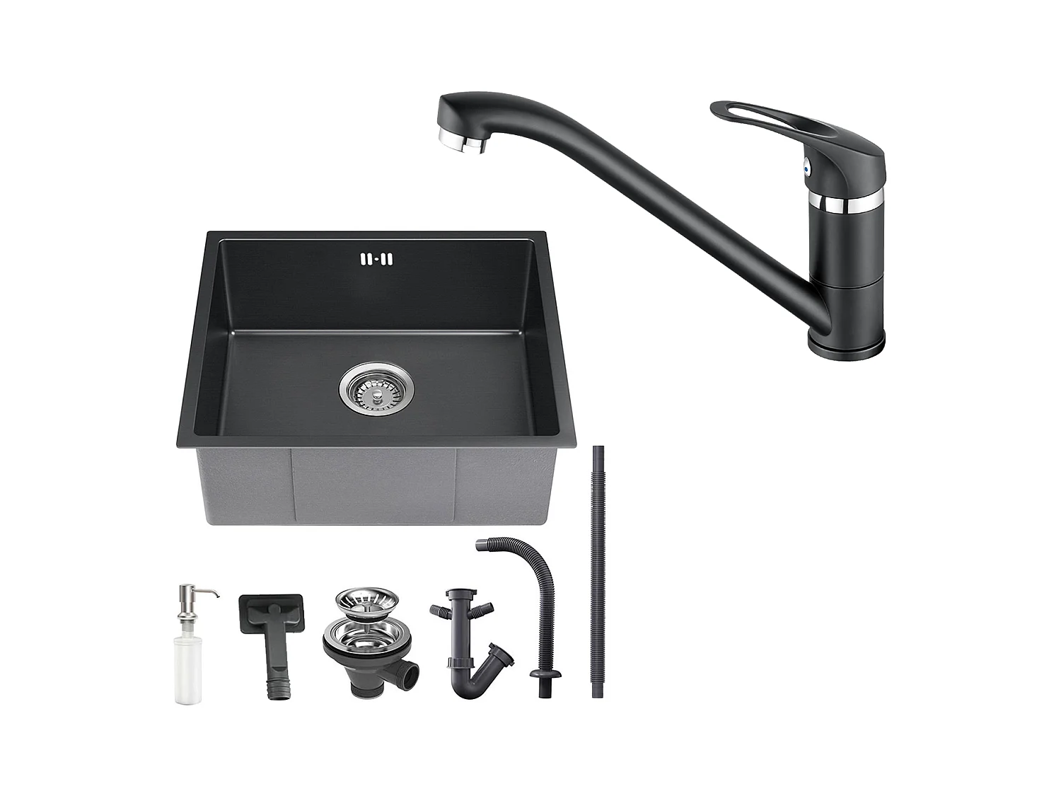 Fregadero Negro 1 Bandeja 50x43x18,5CM, Inox, Con Distributor Savon+Grifo Cocina,Orientable 360°,Agua Caliente/Fría,Negro
