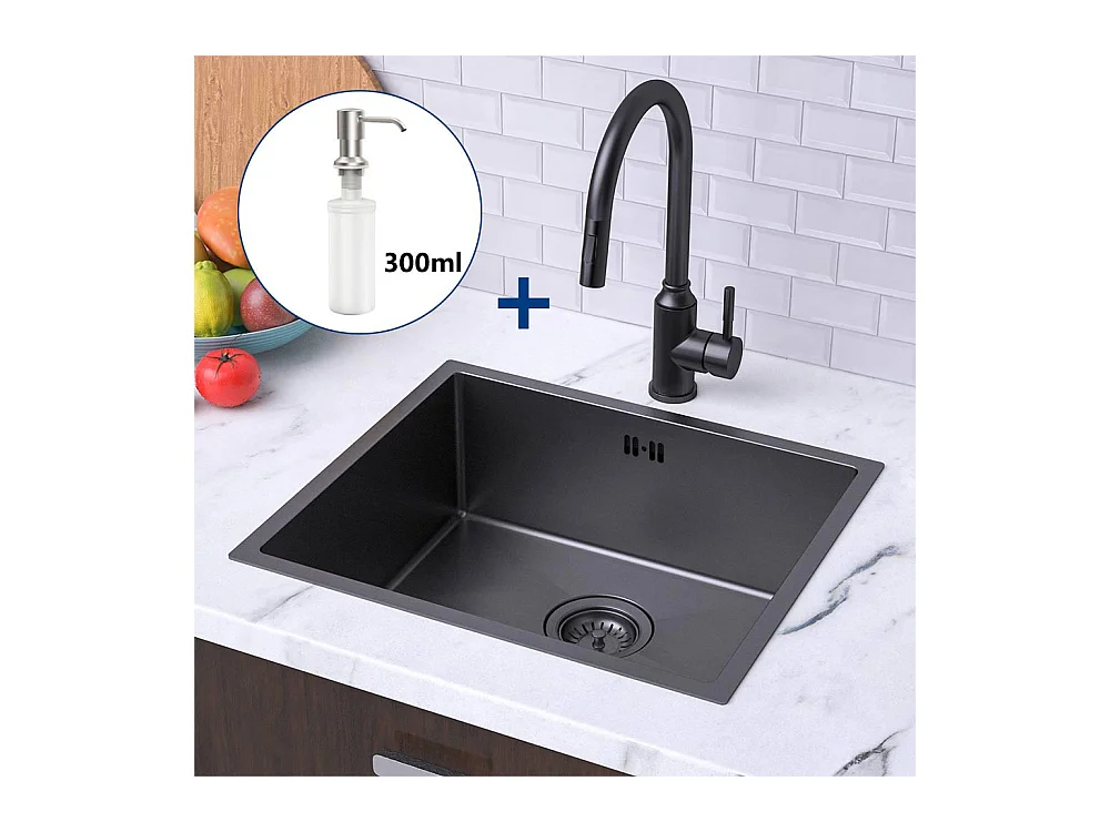 Évier Noir 1 Bac 50x43x18,5CM,Inox,avec Distrubuteur Savon+Robinet Cuisine,Orientable 360°,Eau Chaude/Froide,Noir
