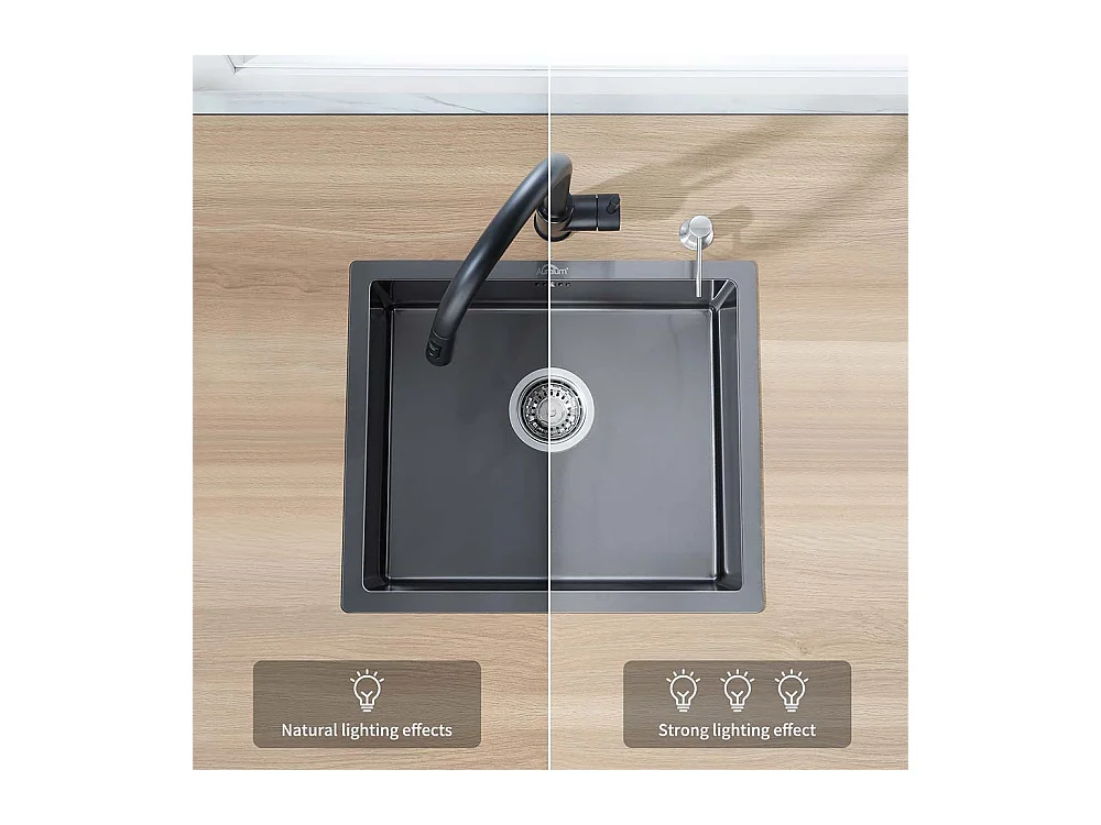 Évier Noir 1 Bac 50x43x18,5CM,Inox,avec Distrubuteur Savon+Robinet Cuisine,Orientable 360°,Eau Chaude/Froide,Noir
