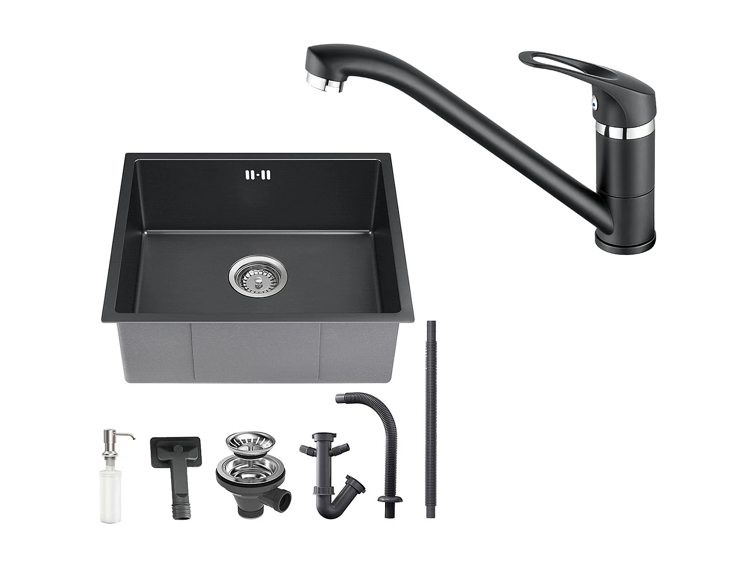 Évier Noir 1 Bac 50x43x18,5CM,Inox,avec Distrubuteur Savon+Robinet Cuisine,Orientable 360°,Eau Chaude/Froide,Noir