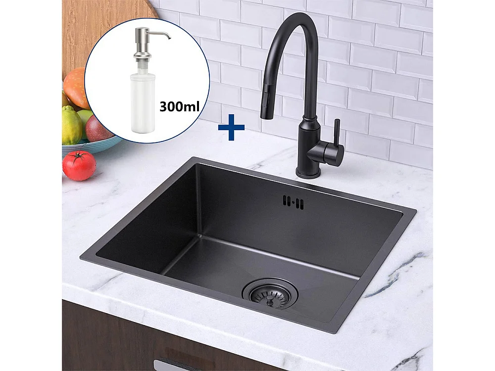 Évier Noir 1 Bac 50x43x18,5CM,Inox,avec Distrubuteur Savon+Robinet Cuisine,Orientable 360°,Eau Chaude/Froide,Noir