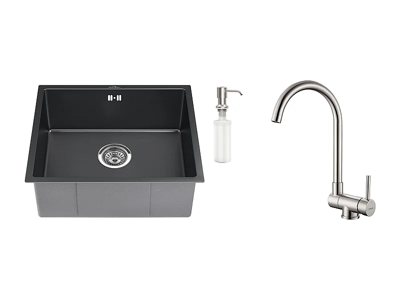 Évier Noir 1 Bac 50x43x18,5CM,Acier Inoxydable, avec Distrubuteur de savon+Mitigeur Cuisine en Acier Inox 304 Rabattable Pivotant à 360°