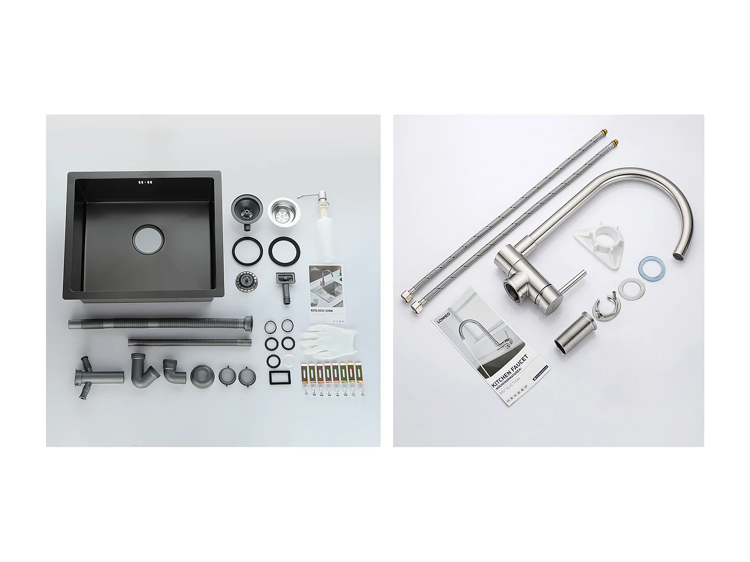 Fregadero Negro 1 Bandeja 50x43x18,5CM,Acero Inoxidable, con Distributor Jabón+Mezclador Cocina Acero Inoxidable 304 Plegable Giratorio 360°