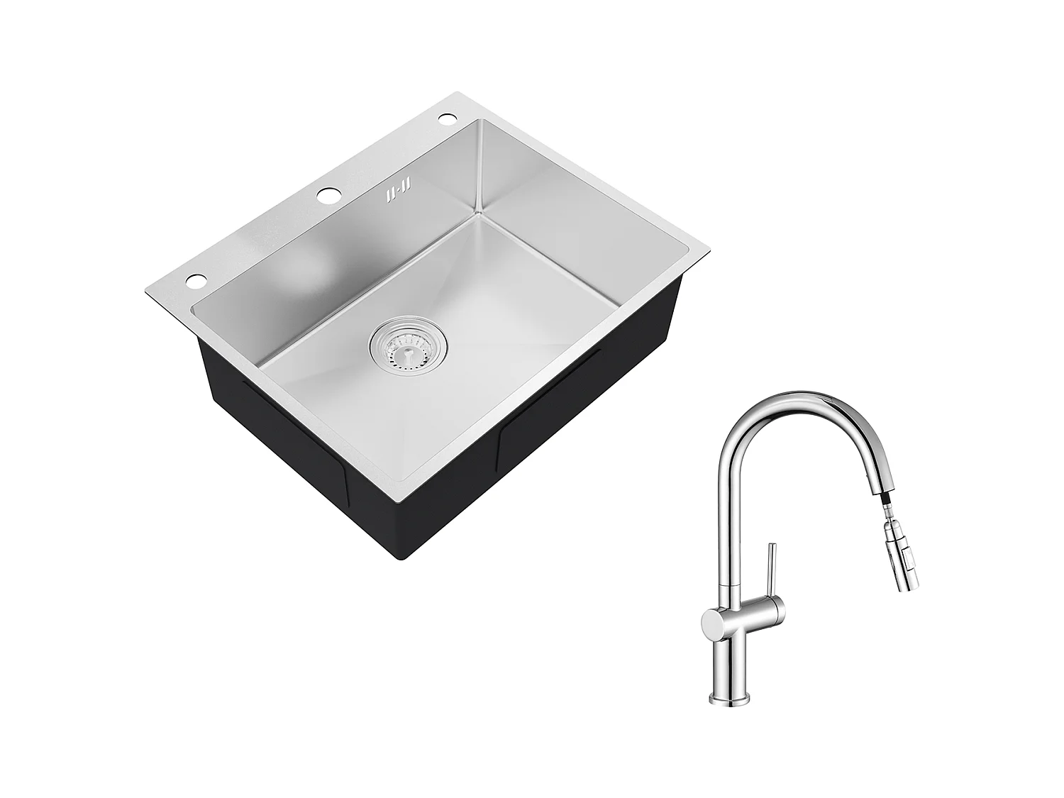 Auralum max Évier de Cuisine à Encastrer,1 Bac,60*49*20CM,Évier en inox 304,Silver+robinet de cuisine rétractable à deux fonctions, chromé