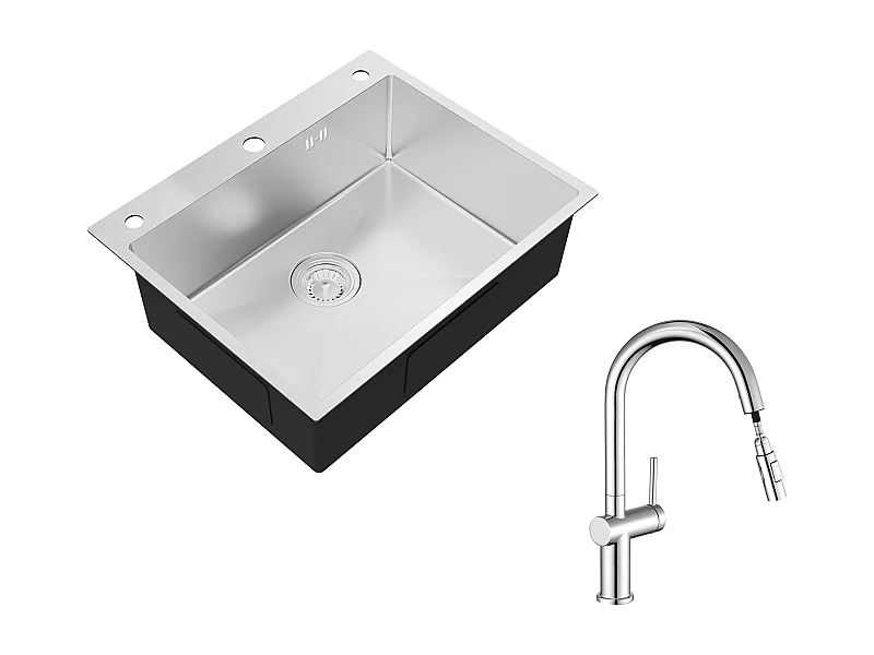 Auralum max Évier de Cuisine à Encastrer,1 Bac,60*49*20CM,Évier en inox 304,Silver+robinet de cuisine rétractable à deux fonctions, chromé