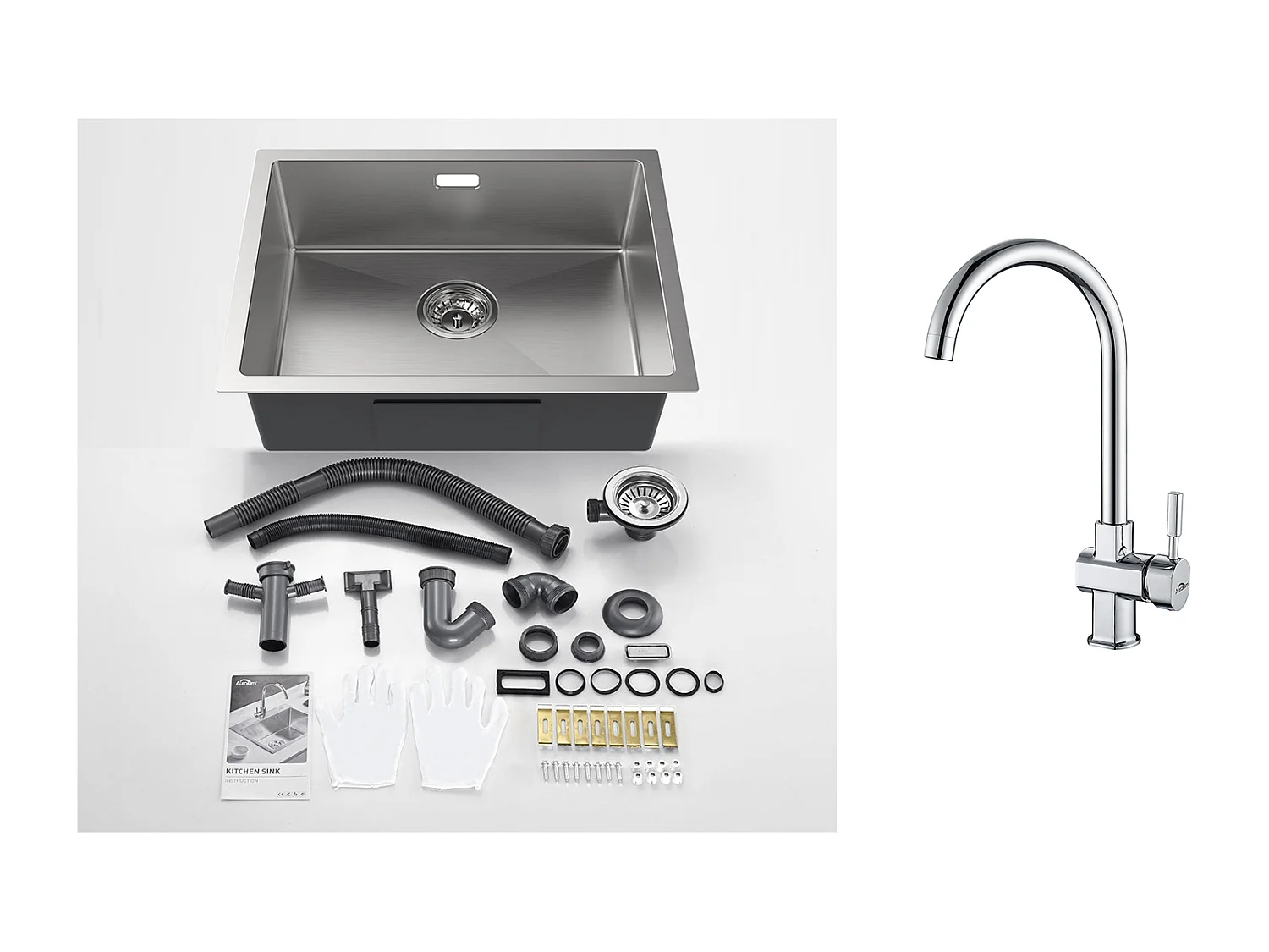 2 en1 Évier de Cuisine 1 Bac 55*44*19CM, à Encastrer/Fleur/ Sous-Plan, Brossé+Robinet de Cuisine Pivotant à 360° Eau Froide /Chaude,Chromé