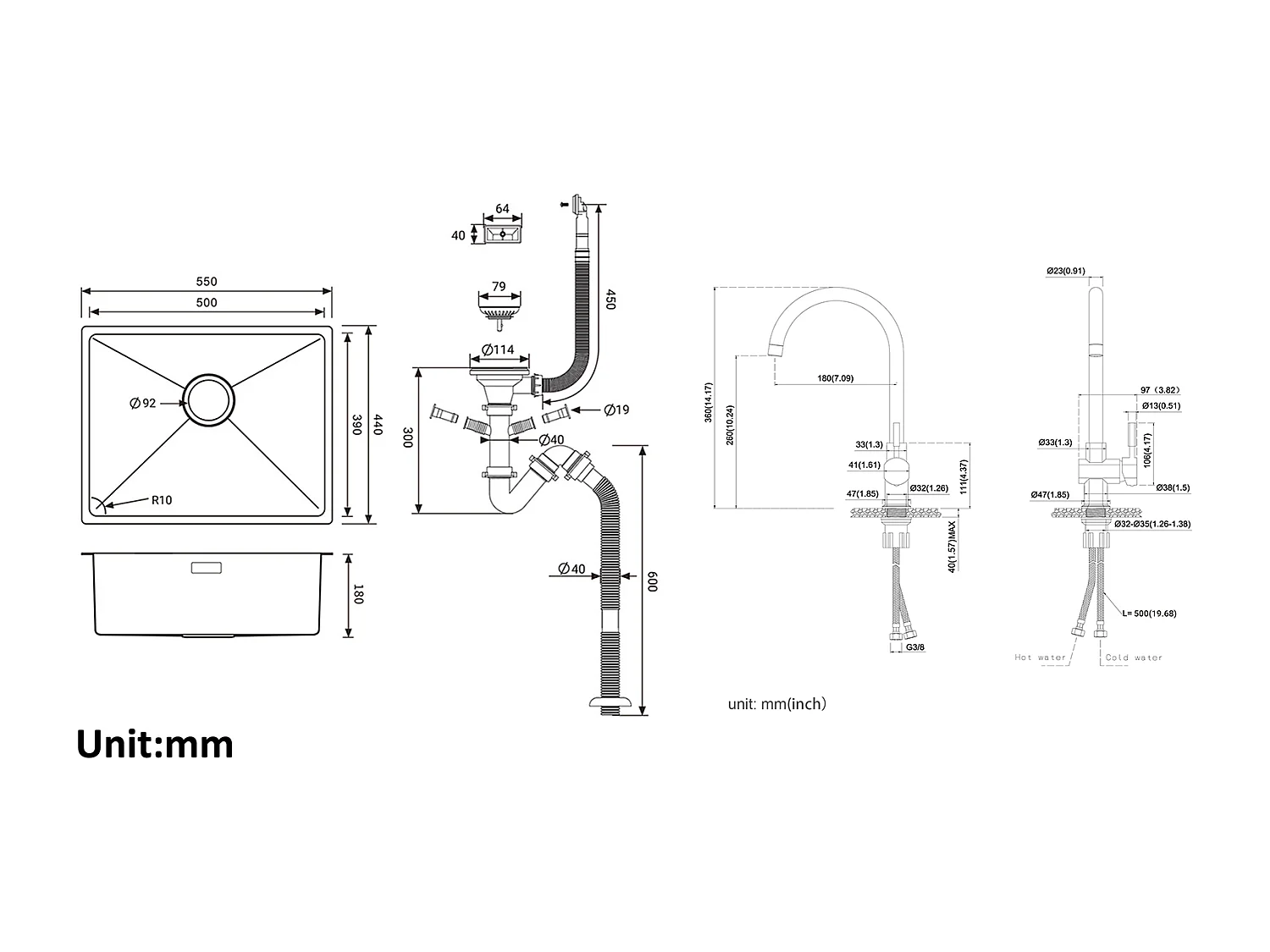2 en1 Évier de Cuisine 1 Bac 55*44*19CM, à Encastrer/Fleur/ Sous-Plan, Brossé+Robinet de Cuisine Pivotant à 360° Eau Froide /Chaude,Chromé
