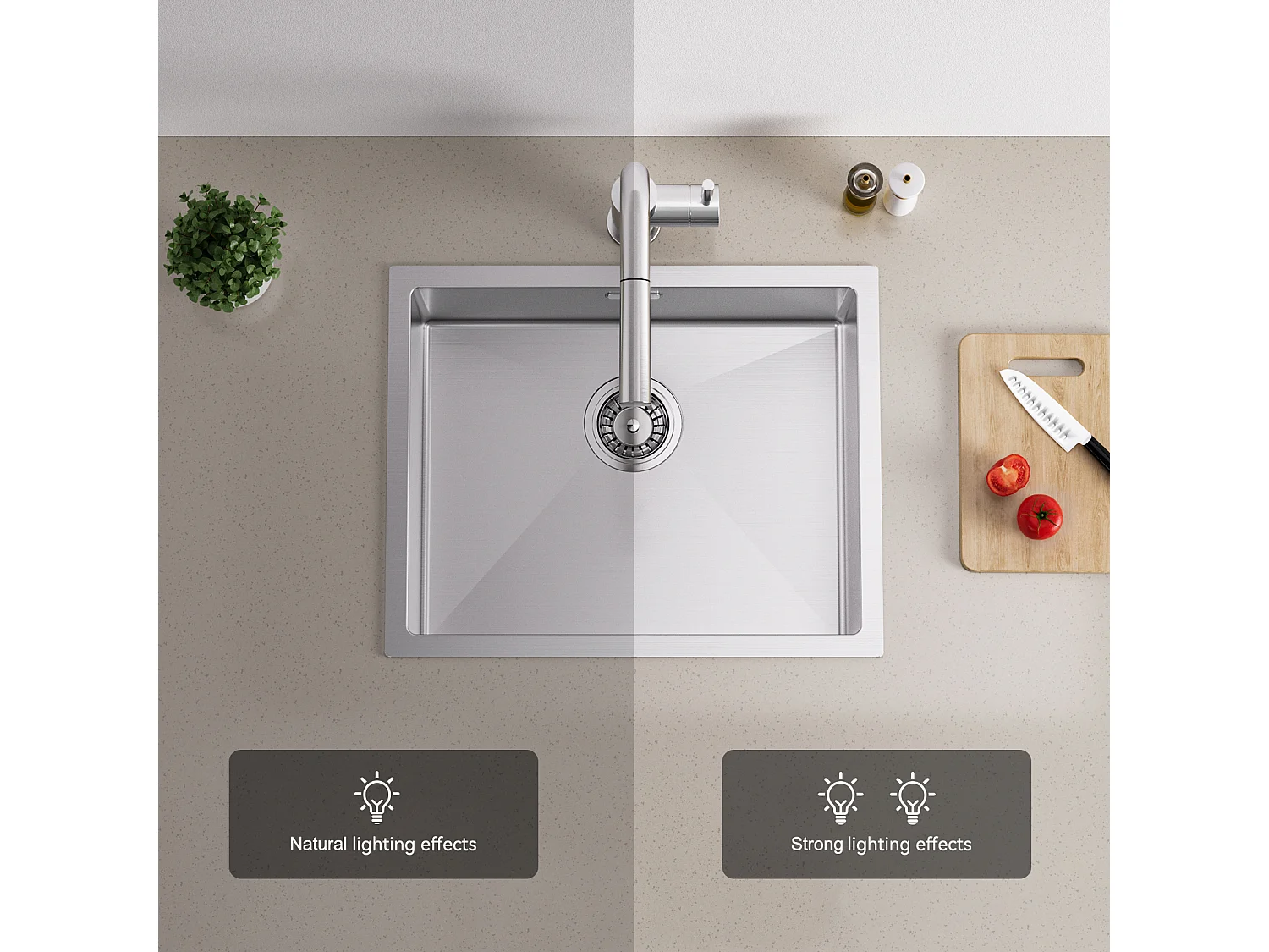 2 en1 Évier de Cuisine 1 Bac 55*44*19CM, à Encastrer/Fleur/ Sous-Plan, Brossé+Robinet de Cuisine Pivotant à 360° Eau Froide /Chaude,Chromé