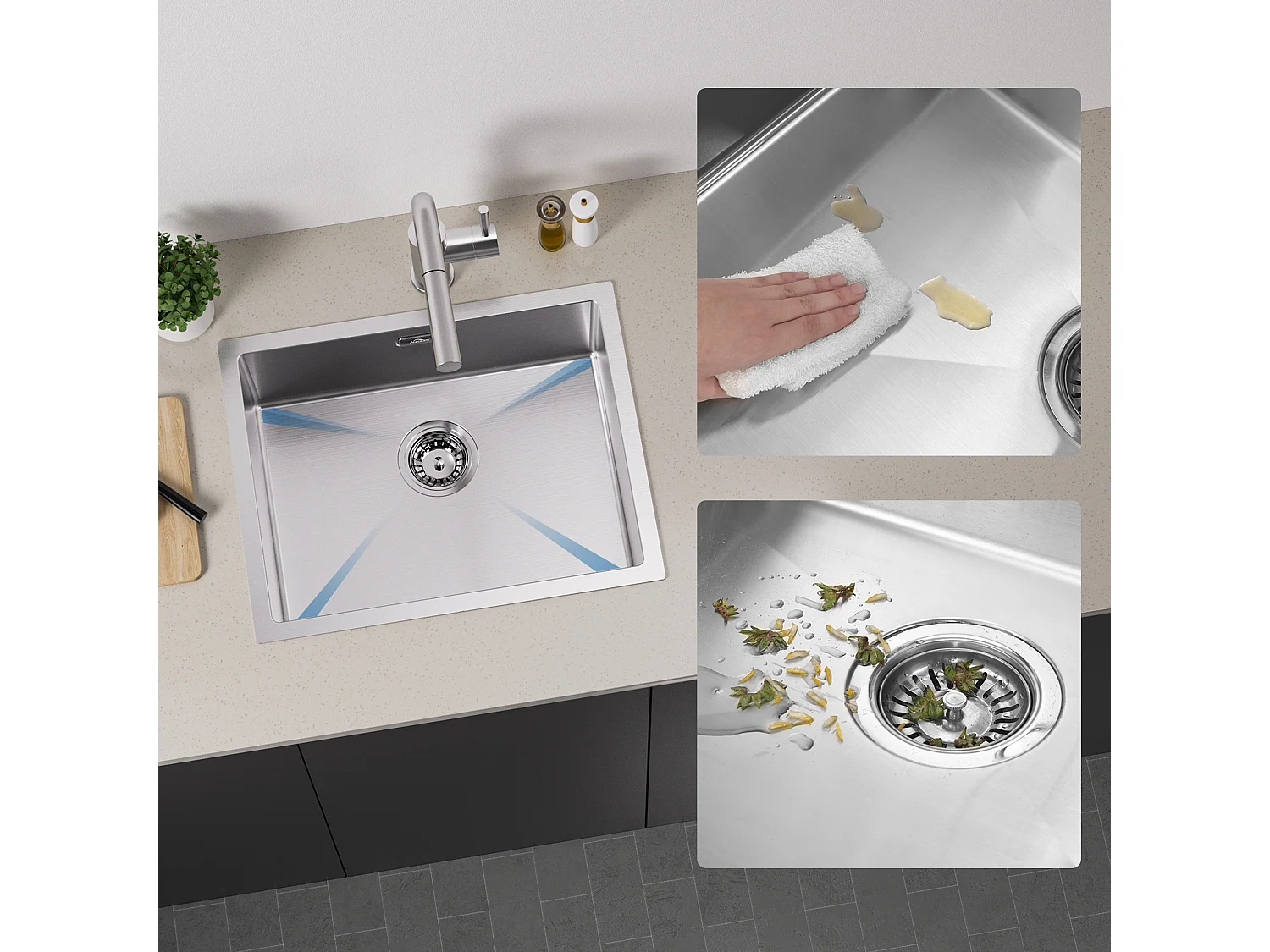2 en1 Évier de Cuisine 1 Bac 55*44*19CM, à Encastrer/Fleur/ Sous-Plan, Brossé+Robinet de Cuisine Pivotant à 360° Eau Froide /Chaude,Chromé