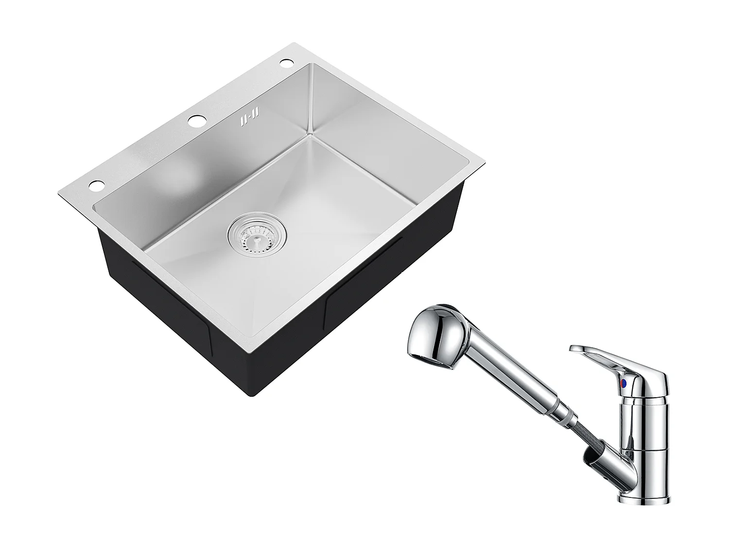 Auralum max Évier Cuisine à Encastrer,1 Bac,60*49*20CM,Évier en Acier inoxydable 304,Silver+Mitigeur de Cuisine avec Douchette Extractible,Chromé
