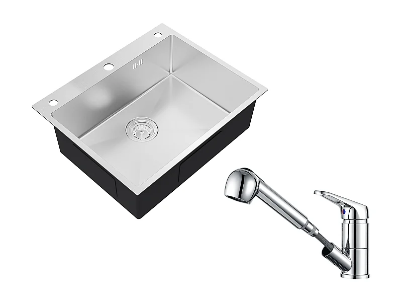 Auralum max Évier Cuisine à Encastrer,1 Bac,60*49*20CM,Évier en Acier inoxydable 304,Silver+Mitigeur de Cuisine avec Douchette Extractible,Chromé