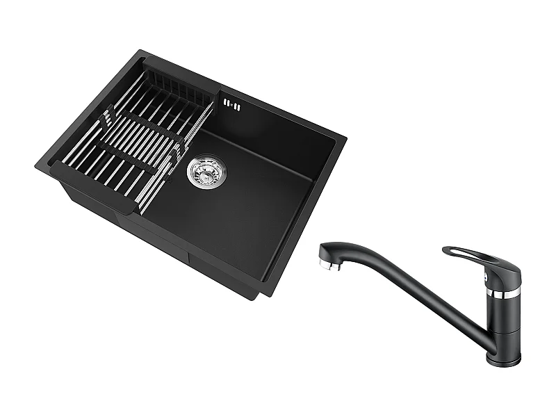 Auralum Max Évier Cuisine 1 Bac 60*44*20CM,inox,à Encastrer/sous-plan avec Panier Drainage,Noir+Robinet Cuisine,Orientable 360°,Eau Chaude/Froide