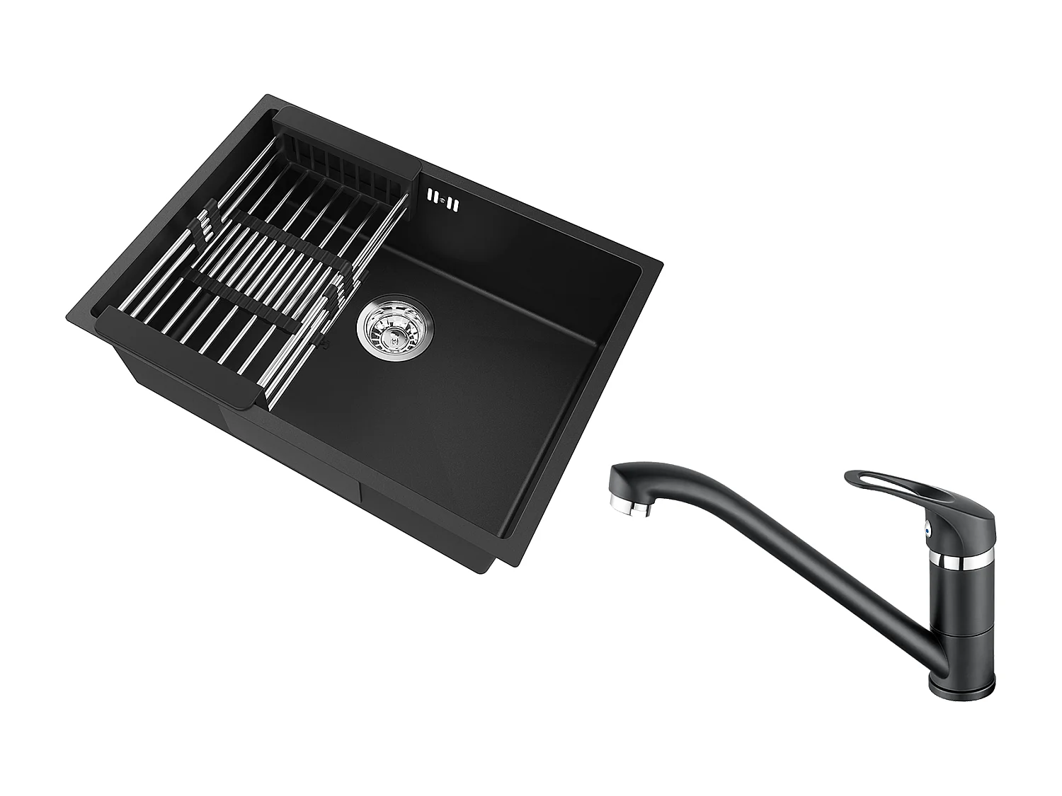 Auralum Max Évier Cuisine 1 Bac 60*44*20CM,inox,à Encastrer/sous-plan avec Panier Drainage,Noir+Robinet Cuisine,Orientable 360°,Eau Chaude/Froide