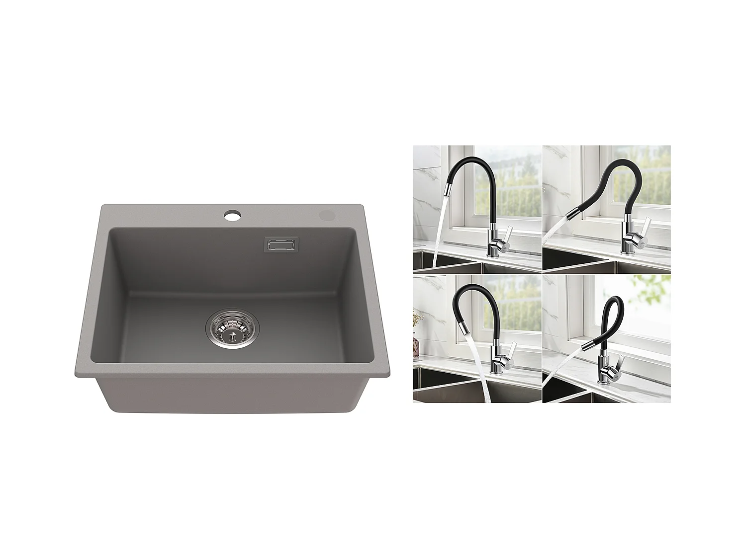 1 Bac Évier Cuisine en Granit,55*45*20cm,Kit de Vidage,Gris+Robinet de Cuisine Flexible Bec Haut Orientable