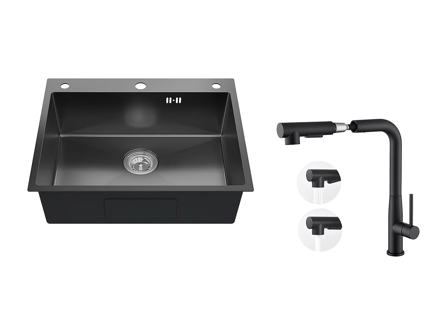 Auralum max Évier Cuisine à Encastrer,1 Bac,60*49*20CM,Acier inoxydable 304,Noir+Robinet Cuisine avec Douchette Extractible,Rotatif 360°,Noir