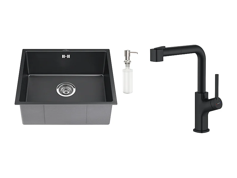 Évier Noir 1 Bac 50x43x18,5CM,Acier Inoxydable, avec Distrubuteur de savon + Robinet de Cuisine Noir Extractible Rotatif à 360 °