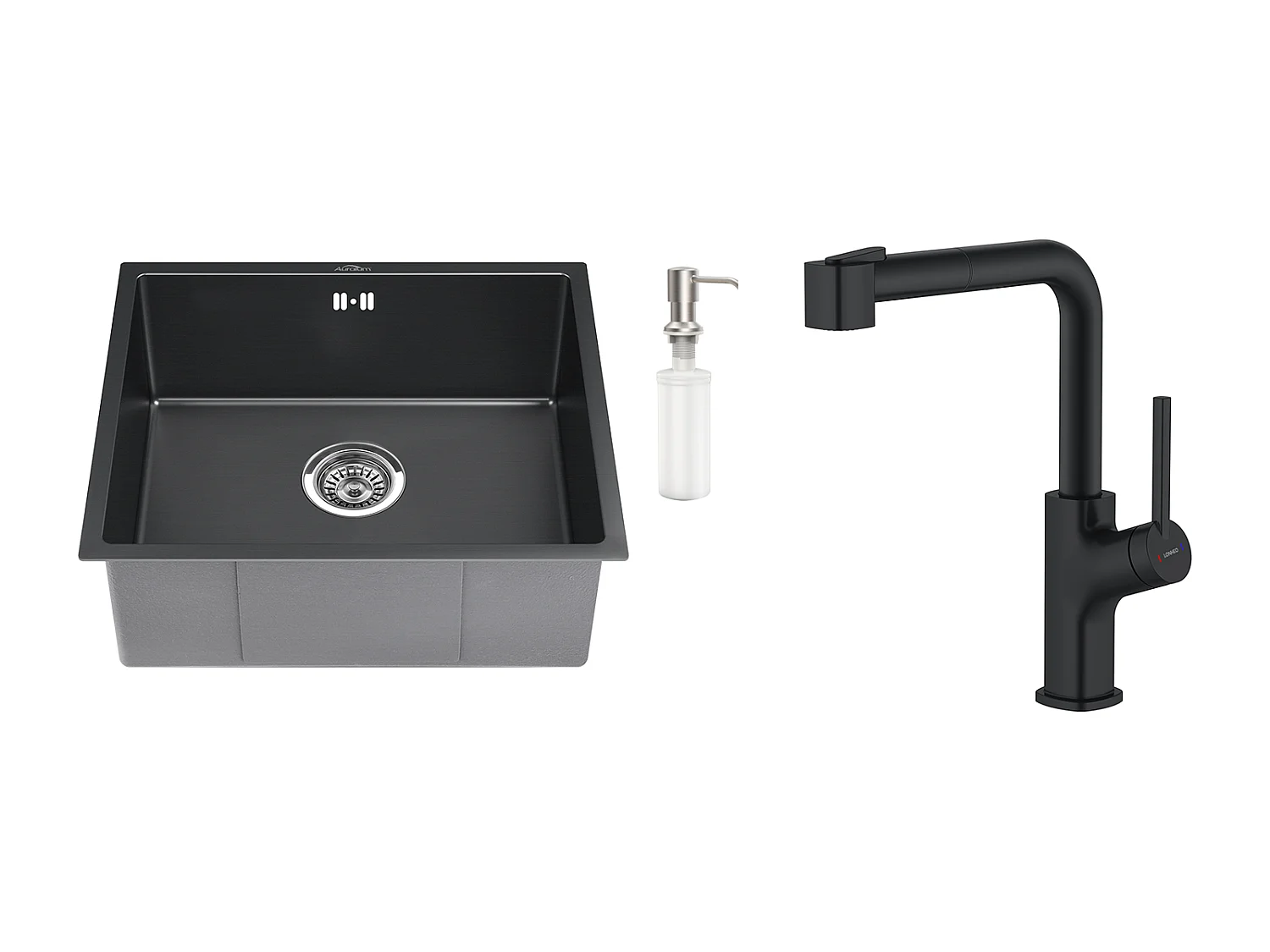 Lavello Nero 1 Vassoio 50x43x18,5CM, Acciaio Inossidabile, con Distributore di sapone + Rubinetto da Cucina Nero Estraibile Rotativo a 360 °