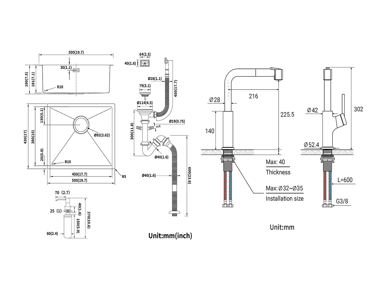 Schwarze Spüle 1 Becken 50x43x18,5CM, Edelstahl, mit Seifenspender + schwarzer ausziehbarer Küchenarmatur 360° drehbar