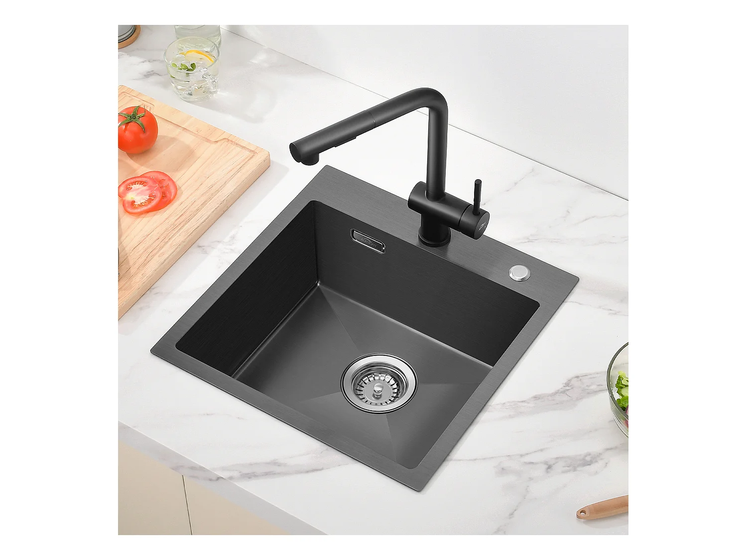 Évier Cuisine Noir 1 Bac 45x45CM Acier Inoxydable 304 ,encastré et à Poser+Robinet de Cuisine Noir Douchette Extractible à 2 Jets