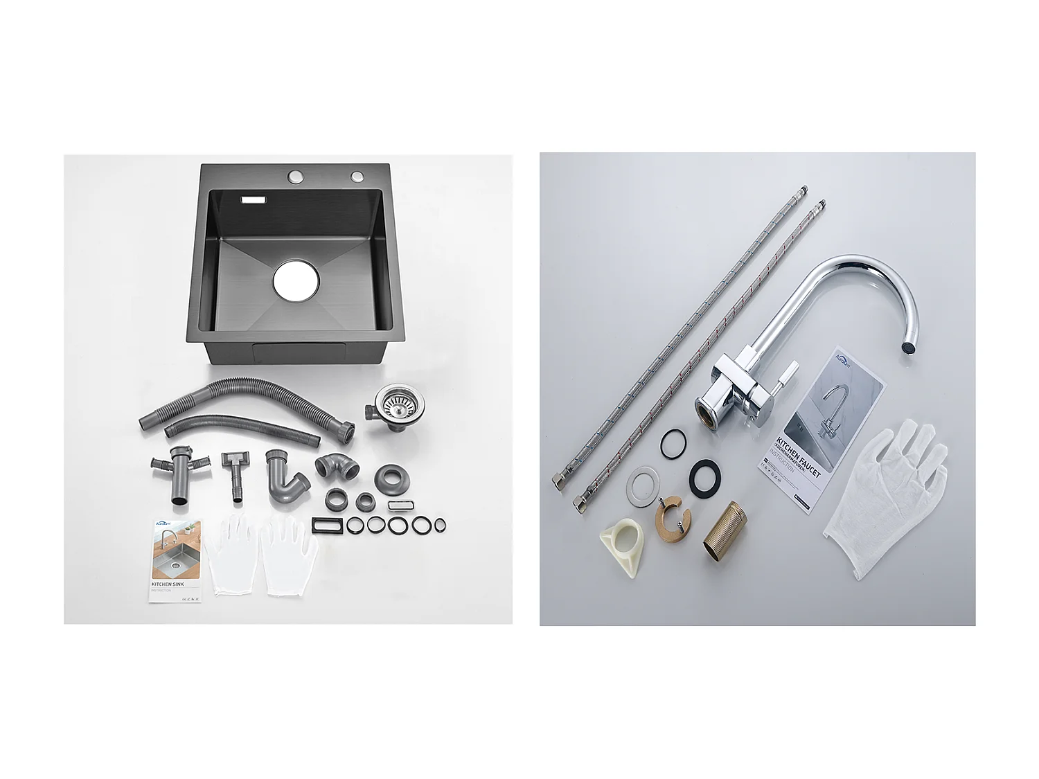 Évier Cuisine Noir 1 Bac 45x45CM Acier Inoxydable 304 ,encastré et à Poser+Robinet de Cuisine Noir Douchette Extractible à 2 Jets