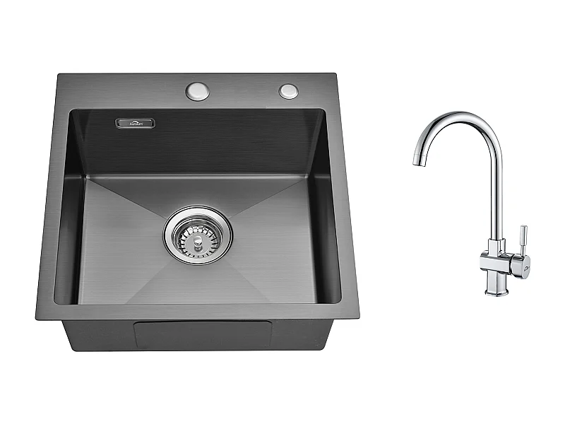 Évier Cuisine Noir 1 Bac 45x45CM Acier Inoxydable 304 ,encastré et à Poser+Robinet de Cuisine Noir Douchette Extractible à 2 Jets