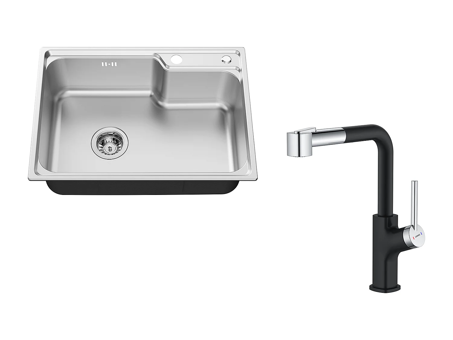 AuralumMax Évier Cuisine 1Bac 62*45*21CM Évier Cuisine en Inox PVD Nano Vasque à Poser,Argent+Robinet Cuisine Noir avec Douchette Extractible,2 Jets