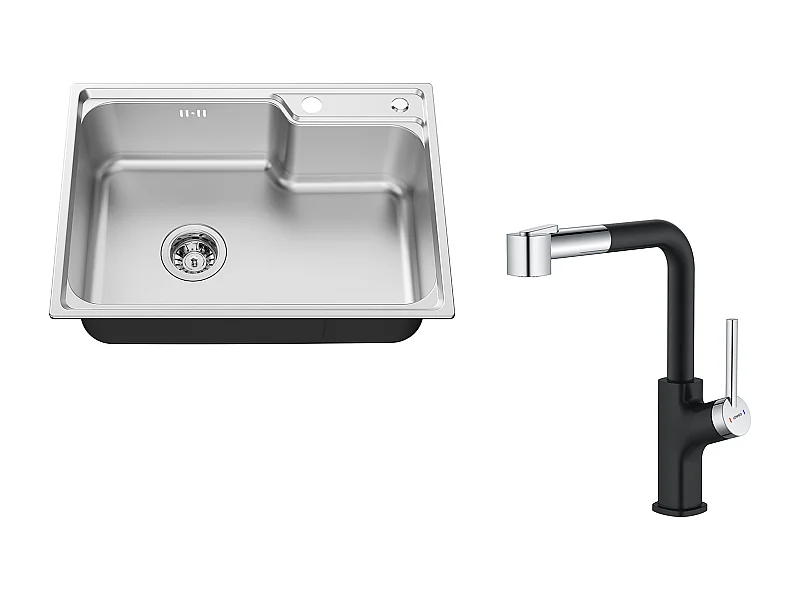 AuralumMax Gootsteen 1Bak 62*45*21CMRVS PVD Nano Wastafel, Zilver + Zwarte Keukenkraan met Uittrekbare Handdouche, 2 Jets