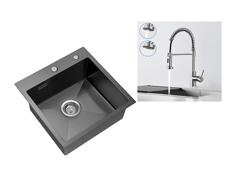 Becken Küchenspüle 45x45CM 304 Edelstahl, Einbau/Aufputz + Feder Küchenarmatur mit ausziehbarem Sprühkopf, 2 Modi, 360° schwenkbar, Gebürstet