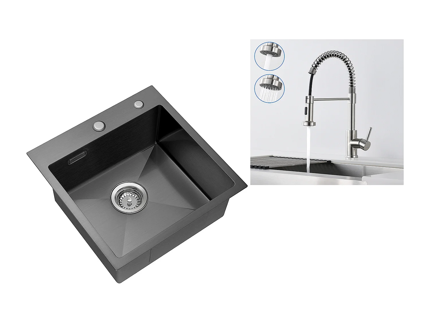 Évier Cuisine 1 Bac 45x45CM Acier Inoxydable 304 ,encastré/ à Poser+Robinet Cuisine Ressort avec Douchette Extensible,2 Modes, Pivotant 360°,Brossé