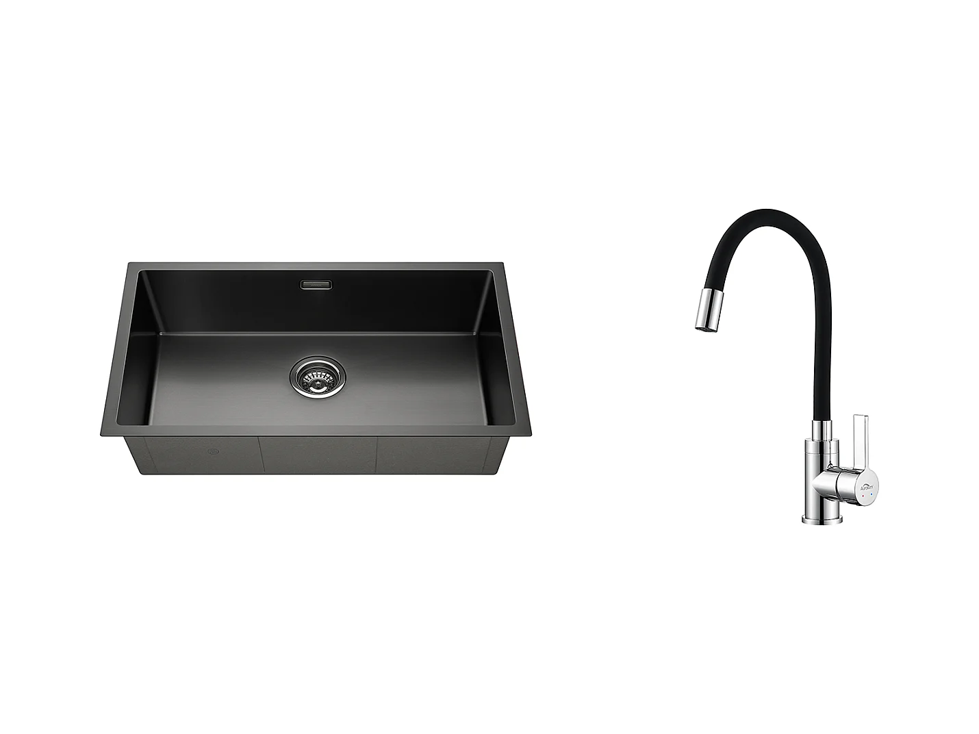 Évier Cuisine 1 Bac 74*44*20CM,en Inox Brossé avec Siphon et Trop-Pleinn+Robinet de Cuisine Flexible Bec Haut Orientable
