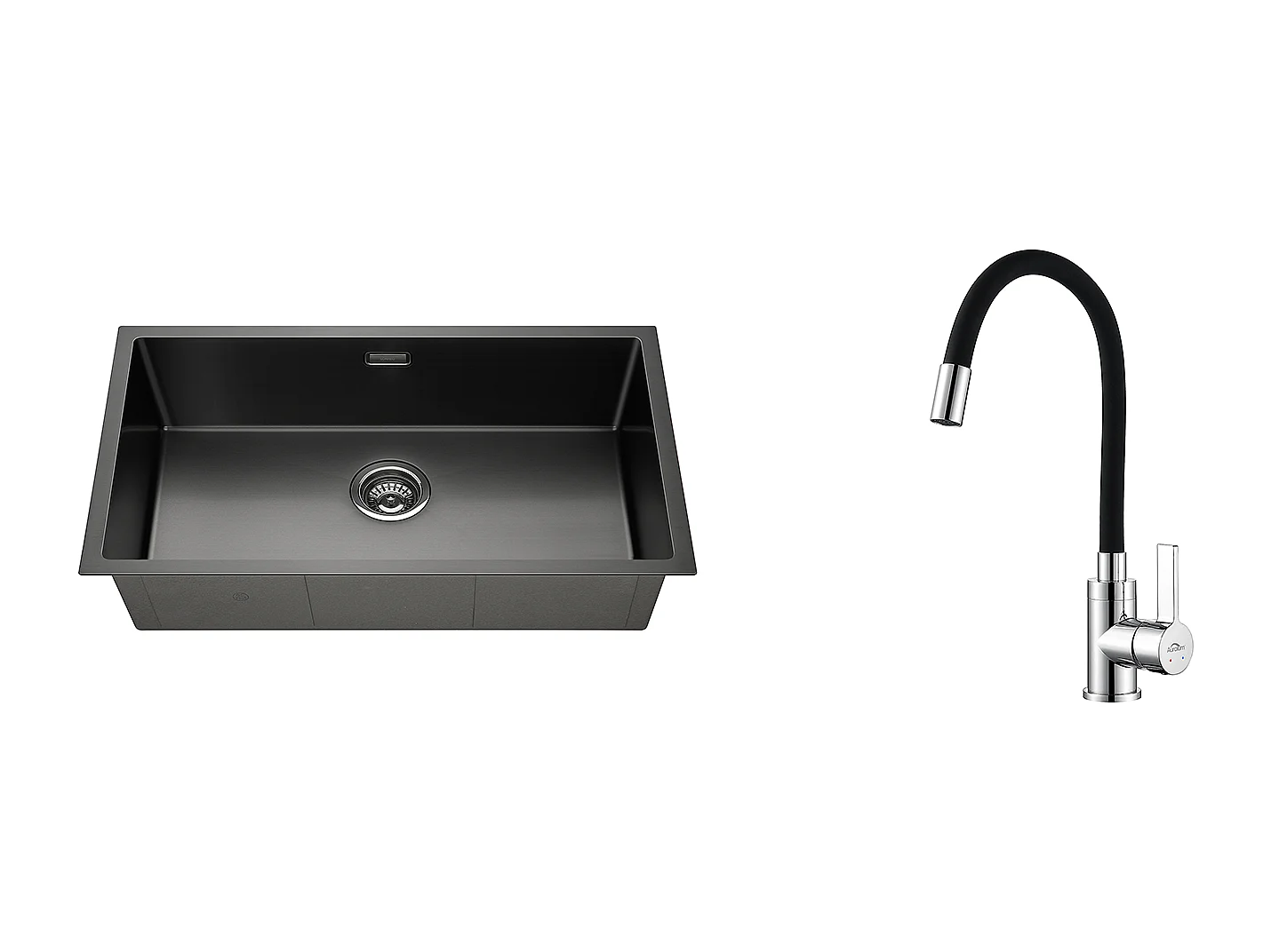 Évier Cuisine 1 Bac 74*44*20CM,en Inox Brossé avec Siphon et Trop-Pleinn+Robinet de Cuisine Flexible Bec Haut Orientable