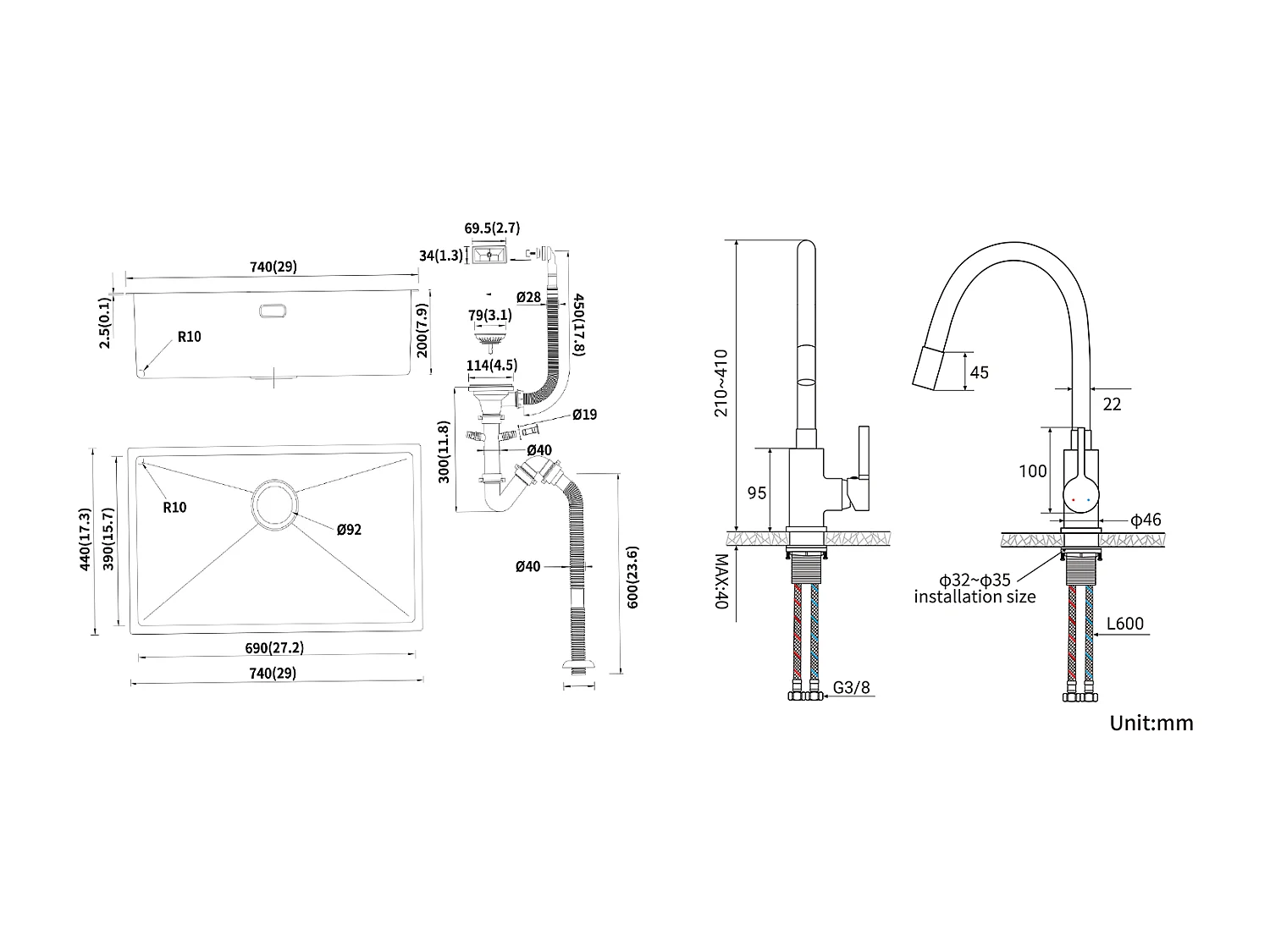 Évier Cuisine 1 Bac 74*44*20CM,en Inox Brossé avec Siphon et Trop-Pleinn+Robinet de Cuisine Flexible Bec Haut Orientable
