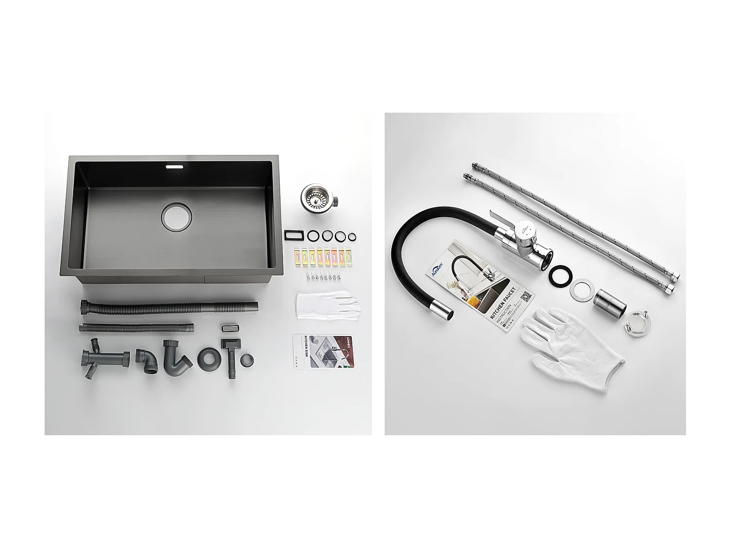 Évier Cuisine 1 Bac 74*44*20CM,en Inox Brossé avec Siphon et Trop-Pleinn+Robinet de Cuisine Flexible Bec Haut Orientable