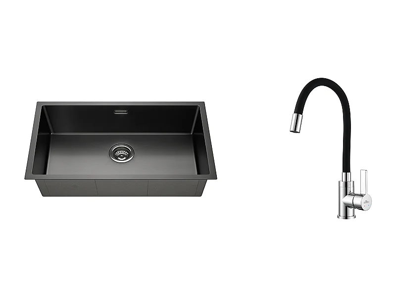 EvIer Cucina 1 Vassoio 74*44*20CM, in Acciaio Inox Spazzolato con Sifone e Troppo pienon+ Rubinetto da Cucina Flessibile Becco Alto Orientabile