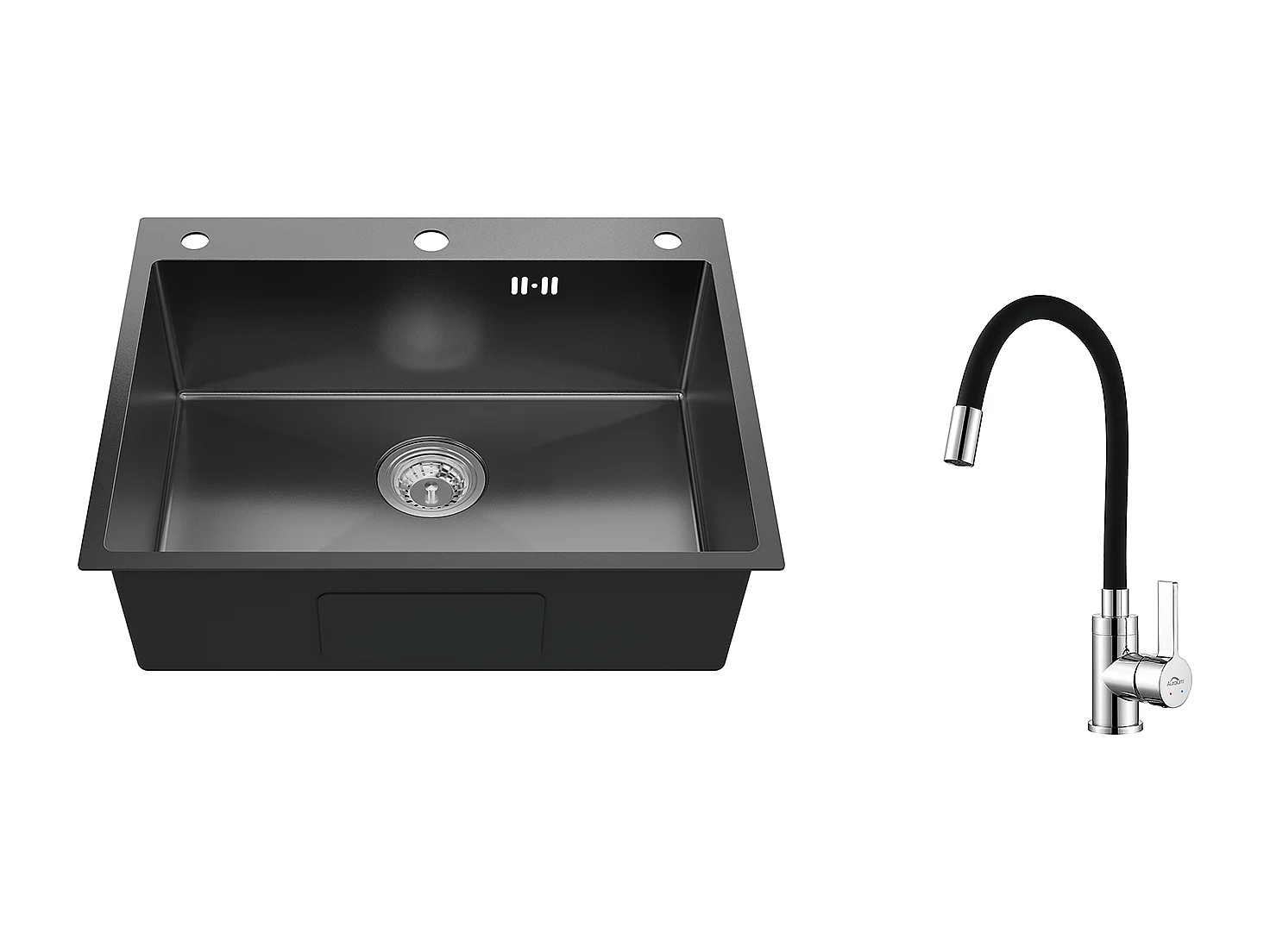 Auralum max Évier Cuisine à Encastrer,1 Bac,60*49*20CM,Acier inoxydable 304,Noir+Mitigeur Évier avec Bec Flexible,Robinet de Cuisine Rabattable