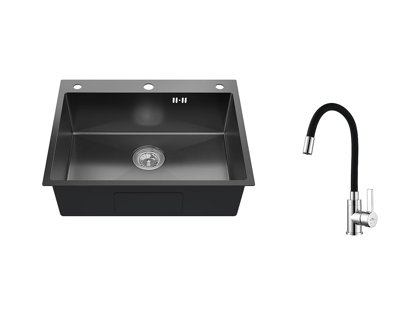 Auralum max Fregadero Cocina empotrable,1 Bac,60*49*20CM,Acero inoxidable 304,Negro+Mestigador Fregadero con Boco Flexible,Grifo de Cocina Plegable