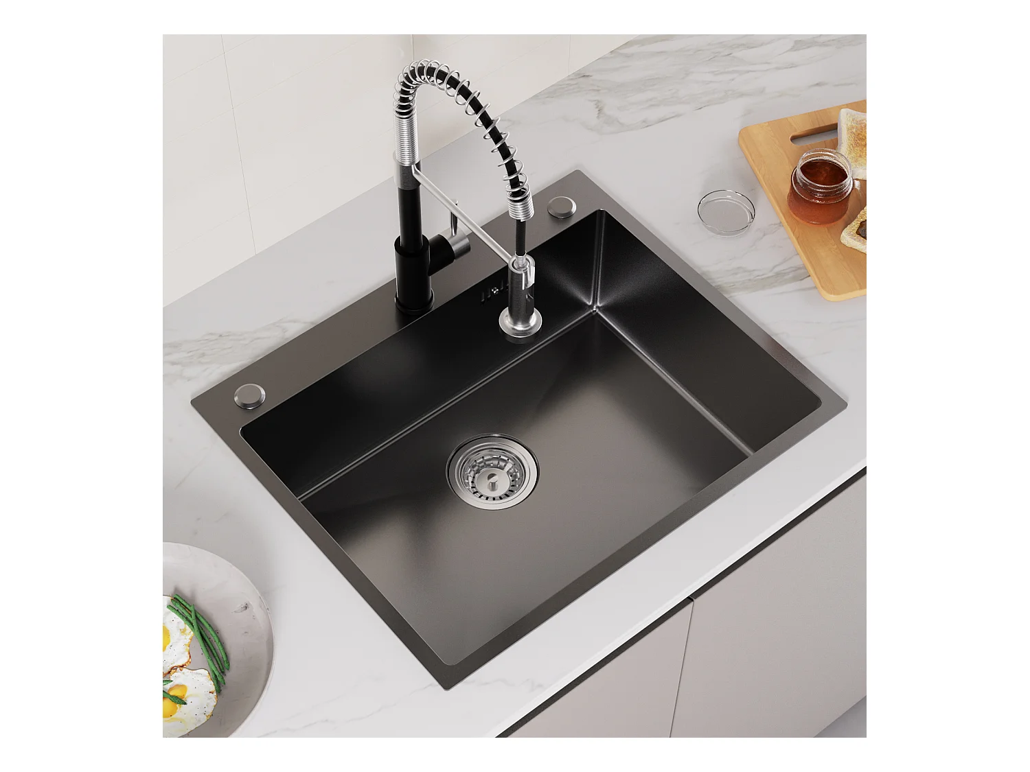 Auralum max Inbouw Keukenspoelbak,1 Bak,60*49*20CM,Staal304 roestvrij staal, zwart + gootsteenmengkraan met flexibele uitlek, opklapbare keukenkraan