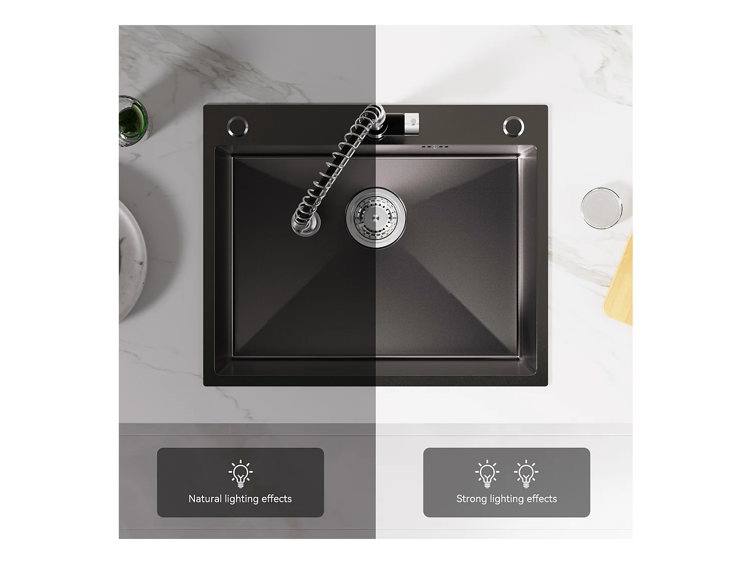 Auralum max Inbouw Keukenspoelbak,1 Bak,60*49*20CM,Staal304 roestvrij staal, zwart + gootsteenmengkraan met flexibele uitlek, opklapbare keukenkraan