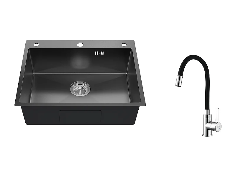 Auralum max Inbouw Keukenspoelbak,1 Bak,60*49*20CM,Staal304 roestvrij staal, zwart + gootsteenmengkraan met flexibele uitlek, opklapbare keukenkraan