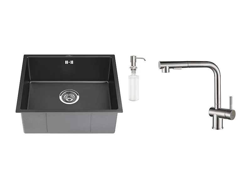 Évier Noir 1 Bac 50x43x18,5CM,Acier Inoxydable, avec Distrubuteur de savon+Robinet Cuisine Douchette Extractible Deux Jets Pivotant 360°