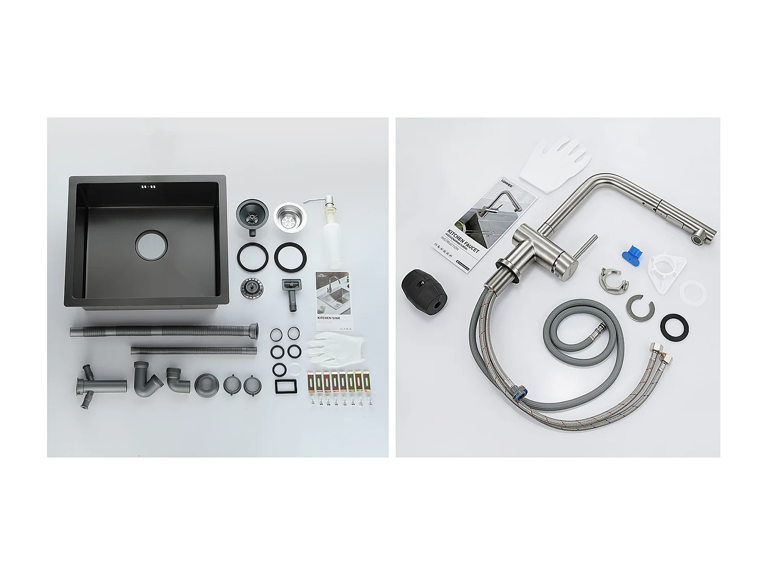 Zwarte Gootsteen 1 Bak 50x43x18,5CM, Roestvrij Staal, met Zeepdistructor + Keukenkraan Uittrekbare Handdouche Twee Jets Draaibaar 360°