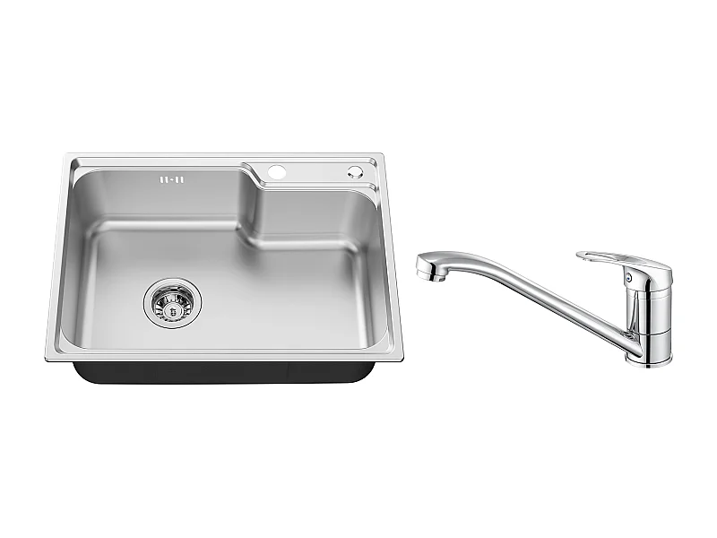 Auralum Max Évier Cuisine 1Bac 62*45*21CM,Inox PVD Nano Vasque à Poser,Argent+Robinet Cuisine,Orientable à 360°,Eau Chaude/ Froide,en Laiton,Chromé