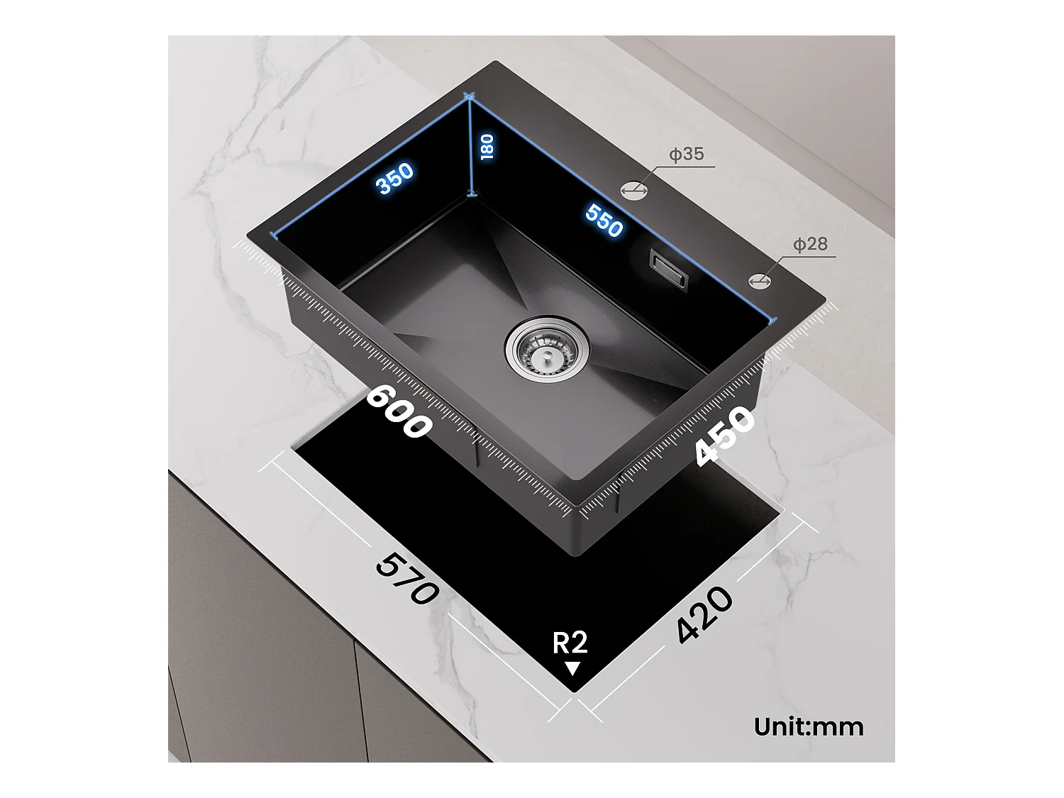 Cecipa max keukenspoelbak 1 kom 60×45×18CM keukenspoelbak 201 roestvrij staal zwart met afvoermand, EU-model