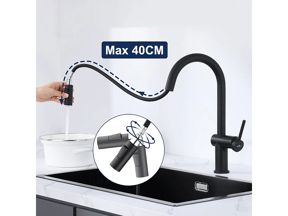 2 in1 Aanrecht 1 Bak 55*44*19CM, Inbouw/Bloei/Ondergrond, Geborsteld+trekbare keukenkraan met twee functies, Zwart