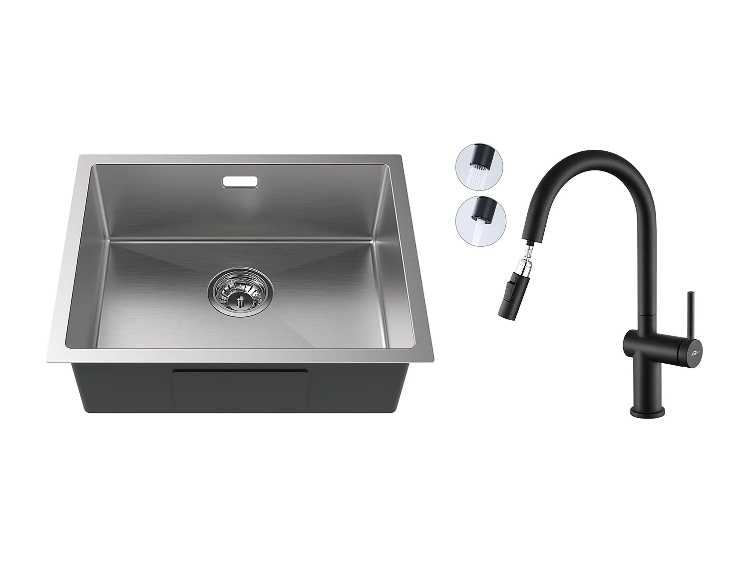 2 en1 Fregadero de Cocina 1 Bandeja 55*44*19CM, Empotrable/Fleur/ Sous-PLan, Cepillado+grifo de cocina retráctil de dos funciones, Negro