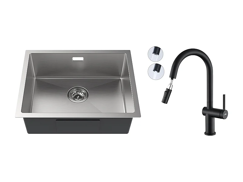 2 en1 Fregadero de Cocina 1 Bandeja 55*44*19CM, Empotrable/Fleur/ Sous-PLan, Cepillado+grifo de cocina retráctil de dos funciones, Negro