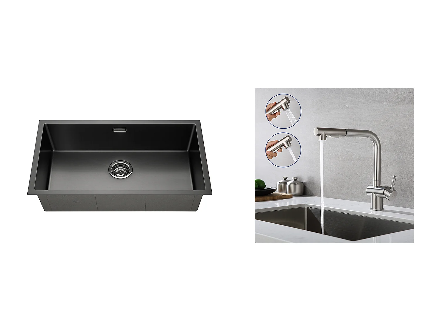 1 Becken Küchenspüle 74*44*20CM, gebürsteter Edelstahl mit Siphon und Überlauf + Küchenarmatur Ausziehbare Brause Zwei Düsen Schwenkbar 360°