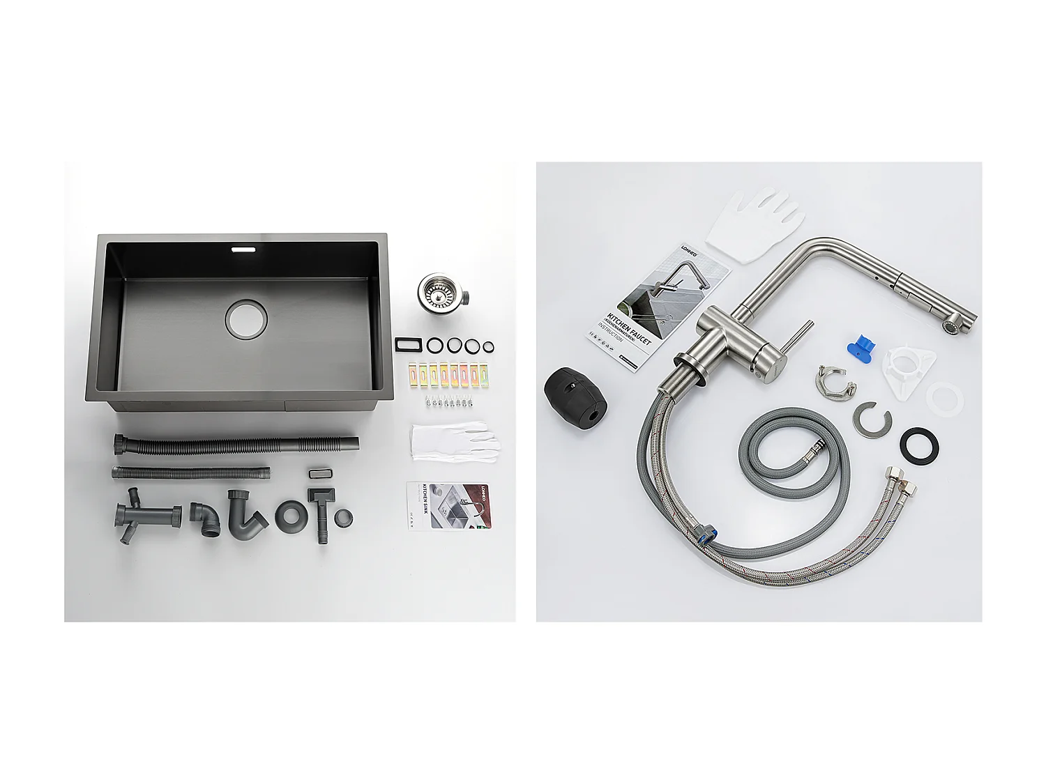 Évier Cuisine 1 Bac 74*44*20CM,en Inox Brossé avec Siphon et Trop-Pleinn+Robinet Cuisine Douchette Extractible Deux Jets Pivotant 360° 